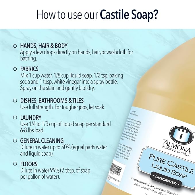 Pure Castile Liquid Soap, LEMON, 1 Gallon - Multipurpose: Hands, Face, Body, Laundry, Dishes & More - For Sensitive Skin, All-Natural Ingredients, Scented with Essential Oils