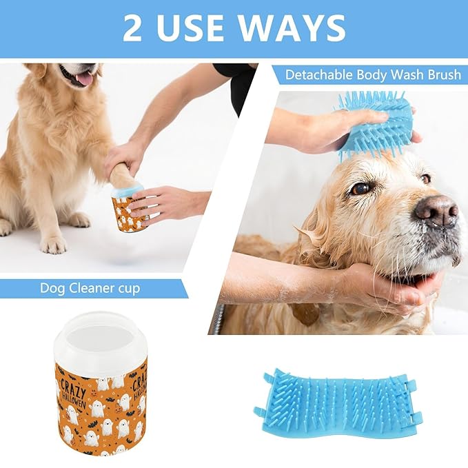 Dog Paw Cleaner Cups for Dogs Pets Foot Washer Paw Scrubber for Medium Small Cats Dogs Cute Cleaning Cup Orange Halloween Ghost Bats