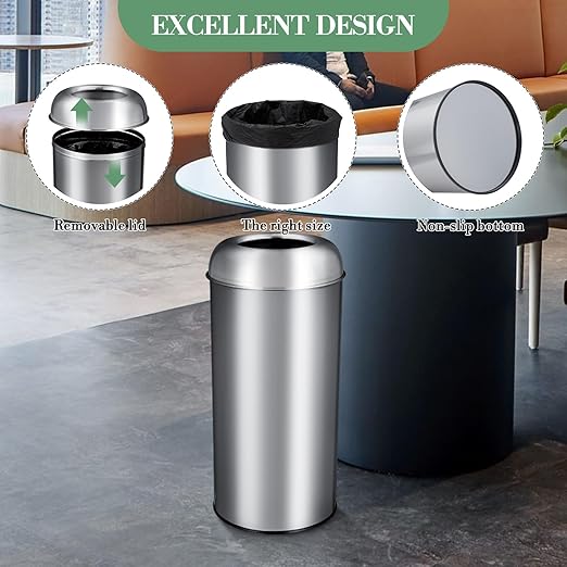 65L/17 Gallon Tall Commercial Trash Can, Large Capacity Brushed Stainless Steel Trash Bin with Open Top & Sleek Hidden Bag Holder, Commercial Grade Heavy Gauge for Home, Office, Restaurant