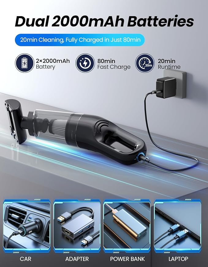 Handheld Vacuum Cordless, 26,000 Pa High Power Suction, Portable Rechargeable Car Vacuum Cleaner for Home, Pet Hair, Keyboard & Furniture, Black