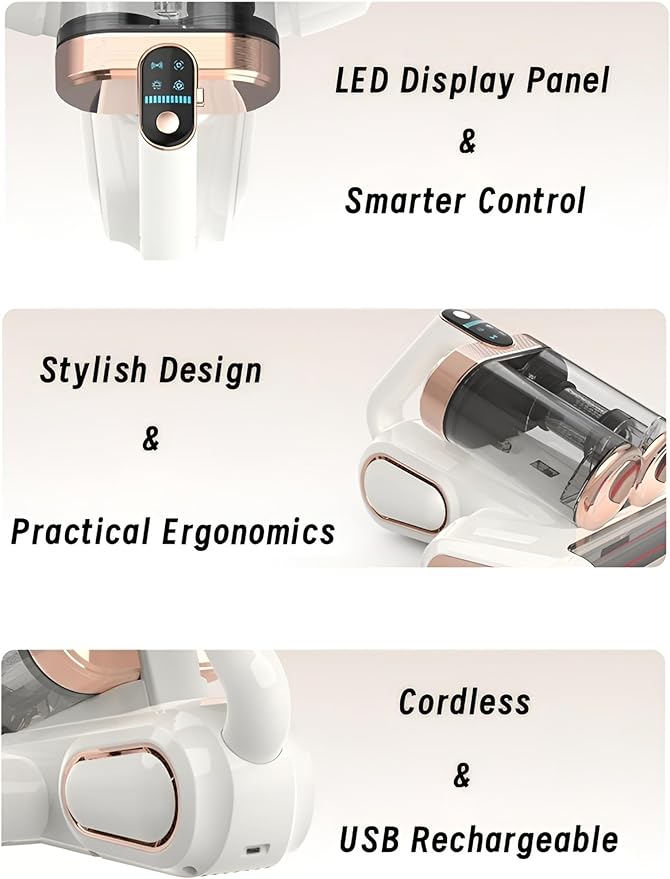 Cordless Double-Cup Mattress Vacuum Cleaner, 13kpa Suction 273nm UV-C Light, 80000 RPM/Min Brushroll Rotation, USB Rechargeable Handheld Vacuum for for Mattress & Upholstery (Gray)