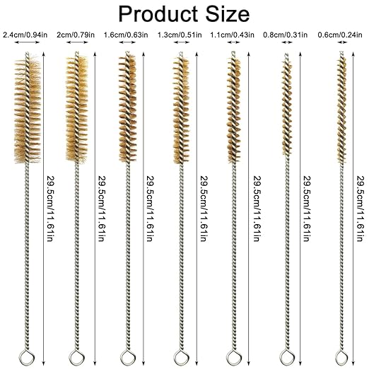 7 Pcs Brass Wire Tube Brushes Bottle Brush Set,11Inch Long Wire Brass Brushes for Cleaning,Wire Pipe Cleaner Bore Brush Deep Cleaning for Tubes,Bottle,Keyboards,Glass, Gold