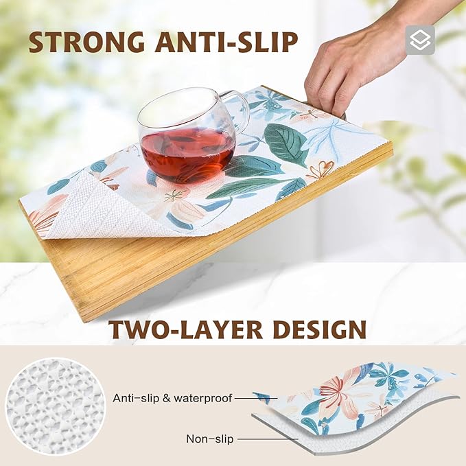 Shelf Liners for Kitchen Cabinets 12in x 10FT, Non Adhesive Drawer Liner Colored Flowers Thickened Shelf Liner Non-Slip Easy to Clean for Tool Box Refrigerator with Knife and Tape Measure