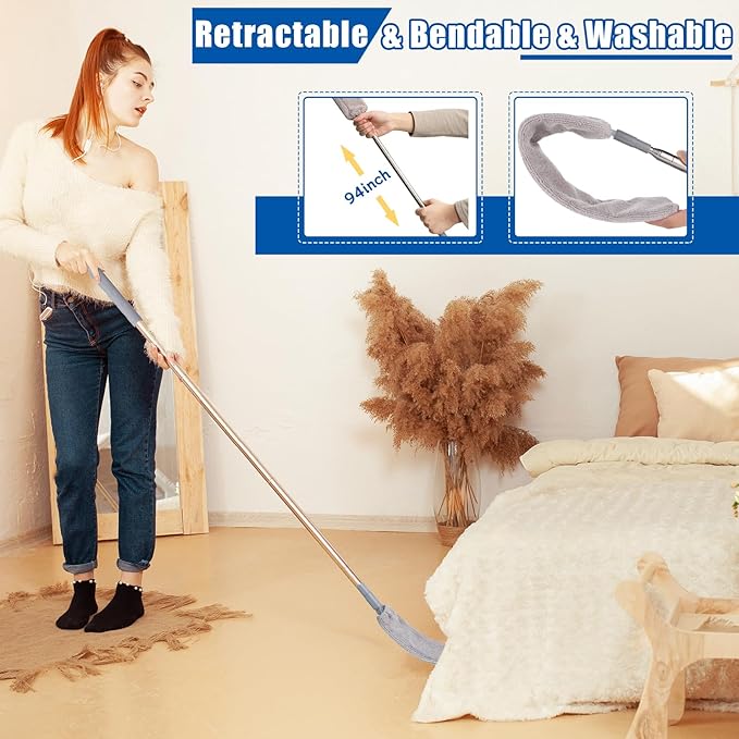 Feather Duster Set (4 Pieces), 30-100 inch Microfiber Retractable Gap Duster for Cleaning Ceilings, Furniture Refrigerators and Under Sofas