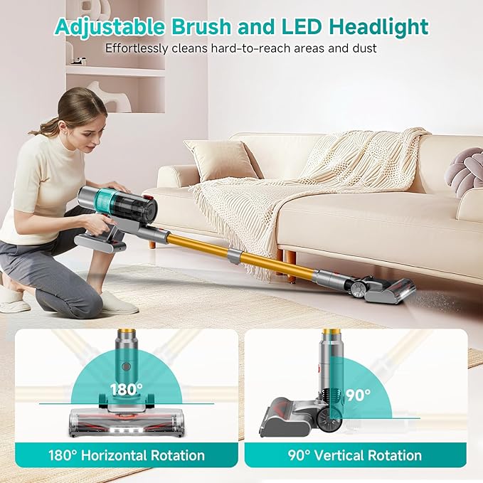 Cordless Vacuum Cleaner: 40KPA Powerful Suction Cordless Stick Vacuum Cleaners for Home, Anti-Tangle Brush, Lightweight, 6-in-1 Rechargeable Vacuum for Pet Hair/Carpet/Hard Floor(Green)