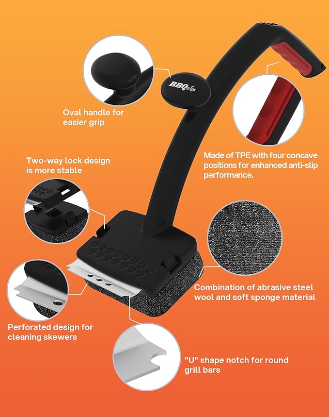 Bristle Free Grill Brush for Outdoor Grill - Safer BBQ Scrubber with Replaceable Dense Steel Fiber Woven Head - Heavy Duty Grill Cleaner & Scraper with Leverage Knob for Gas, Charcoal