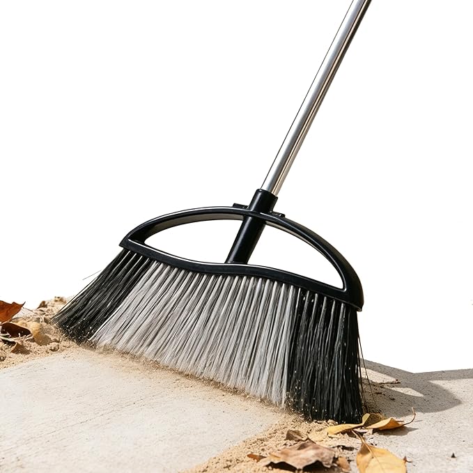Heavy Duty Outdooor Broom - 15.7" Wide Broom with Long Adjustable Handle & Stiff Bristles for Patio, Garage, Yard, Garden (Black)
