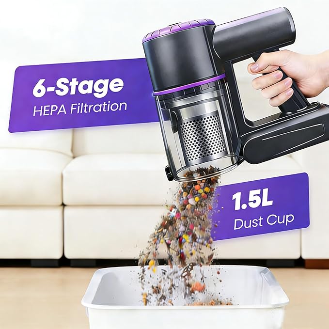 Cordless Vacuum Cleaner, Vacuum Cleaners for Home with 180° Bendable Wand | Green LED Light, Self-Standing, 1.5L Dust Cup, Washable HEPA Filter| Lightweight Stick Vacuum for Hardwood Floors