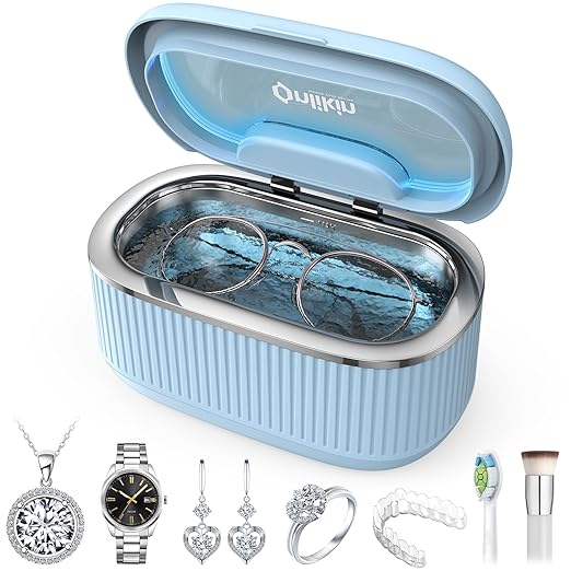 45KHz Ultrasonic Jewelry Cleaner, 5 Timer & 3 Power Modes, 35W Retainer Cleaner for Jewelry, Eyeglasses, Rings, Watch Strap, Dentures - Quiet <38dB, 20oz, 304 Stainless Steel Tank(Blue)