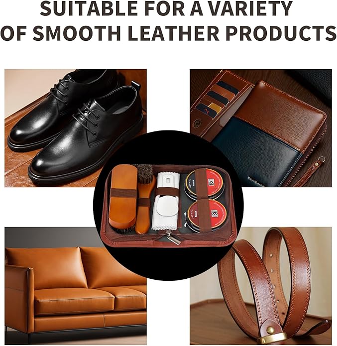 IKI Shoe Shine Polish Kit - 7PCS Leather Boot Care Kit with Black Shoe Polish Horsehair Brush Cloth Shoe Horn for Men