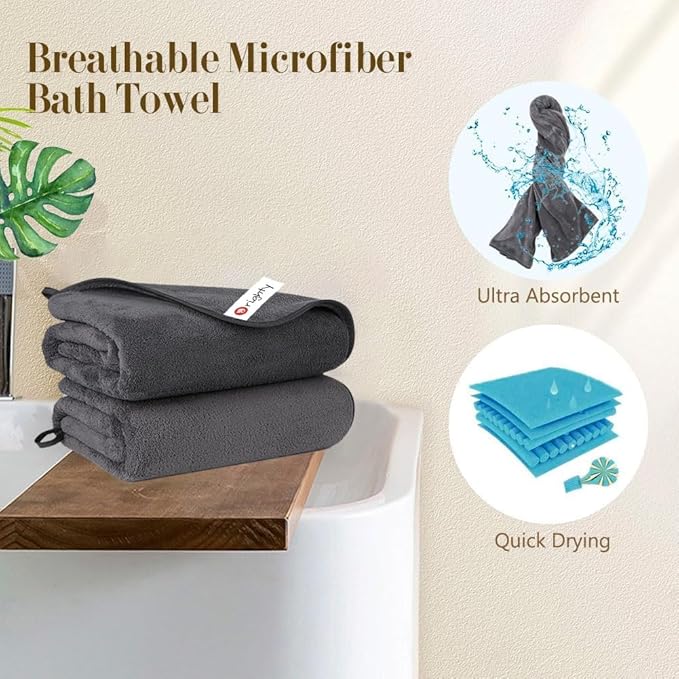 Orighty Bath Towels Pack of 2(27'' x 54'') - Soft Feel, Highly Absorbent, Quick Drying Microfiber for Body, Sport, Yoga, SPA, Fitness - Grey