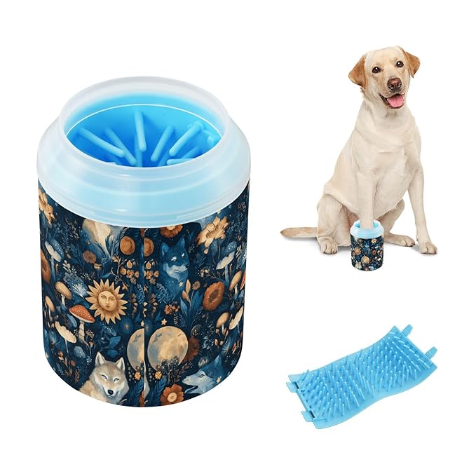 Dog Paw Cleaner Cups for Dogs Pets Foot Washer Paw Scrubber for Medium Small Cats Dogs Cute Cleaning Cup Wolves Mushroom Flowers Blue