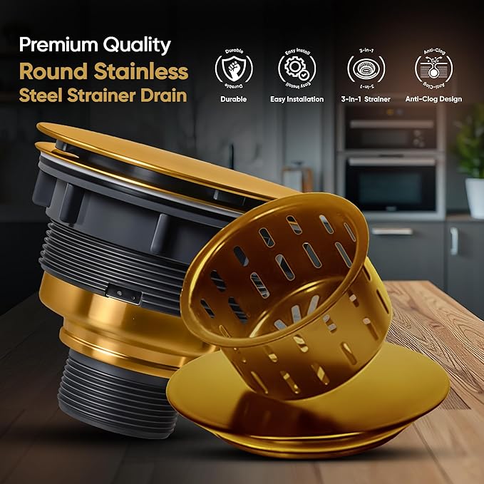 Strictly Sinks Sink Drain Strainer with Removable Basket - 3-1/2 Inch Stainless Steel Round Kitchen Sink Drain Assembly Kit with Deep Strainer Basket & Flat Cover Lid (Gold)