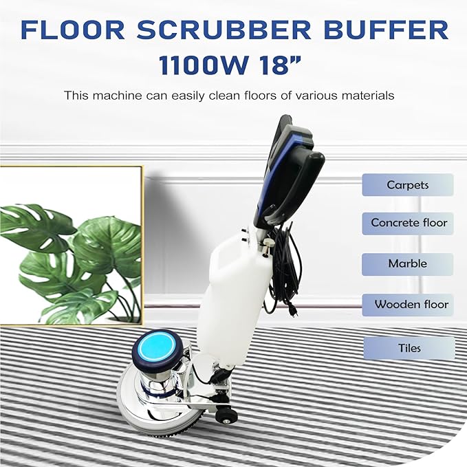 1100W Floor Polisher Commercial Floor Scrubber Machine Carpet Buffer Scrubber with 3gal Water Tank and 18" Base 175Rpm 110V