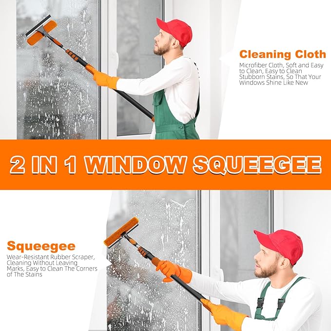 20FT Reach 2-in-1 Window Squeegee, Professional Window Washing Kit with 3-12FT Extension Pole for Home, Indoor Outdoor Squeegee with Rotatable Head for High Windows