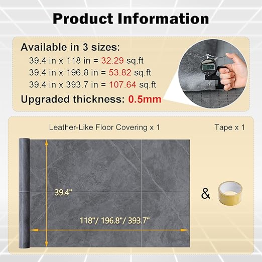 Freshtour Vinyl Flooring Roll, Versatile Removable PET Leather-Like Floor Covering, Waterproof & Durable, Easy Tape Installation, Cost-Effective for Any Room, Grey Marble/ 32.29 Sq.ft (39.3" x 118")