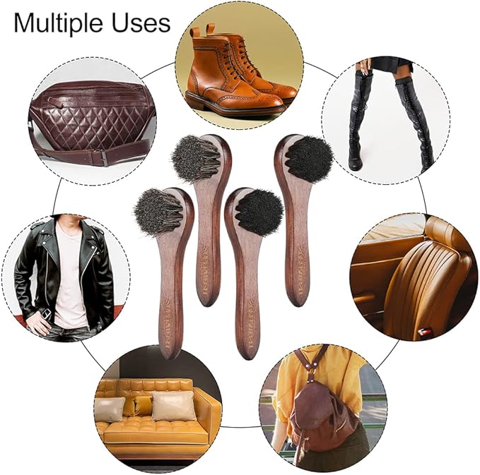 Horsehair Shoe Polish Applicator Brush, Soft Horse Hair Bristles Dauber Leather Care Brush for Shoes, Boots, Bags - 2 Pack Grey Bristle + 2 Pack Black Bristle Brush Included