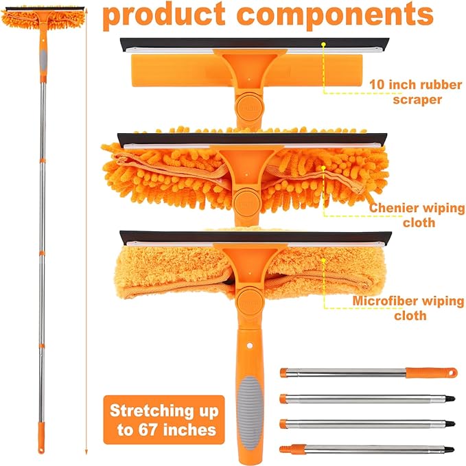3-in-1 Window Cleaner Tool with Rotating Head,67" Window Squeegee with Extension Pole, Window Cleaning Squeegee Kit for Indoor & Outdoor High Windows and Car Glass