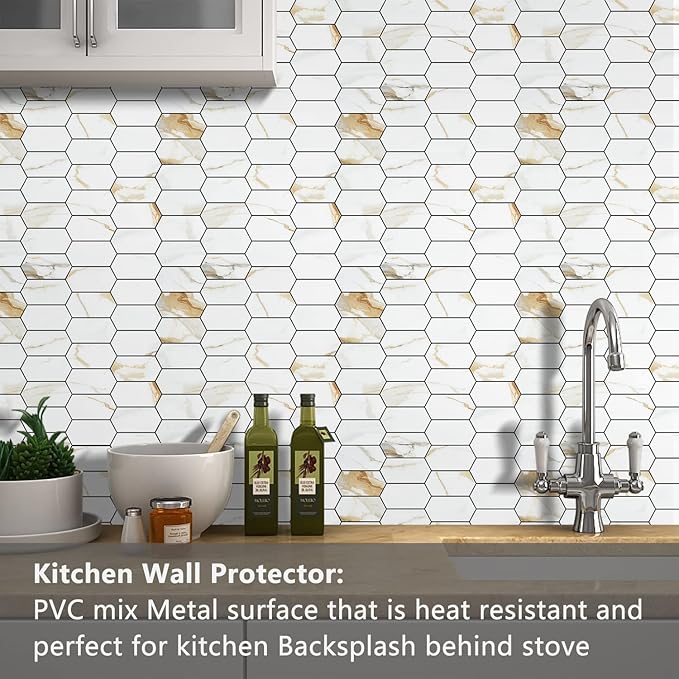 Vamos Tile Long Hexagon Peel and Stick Backsplash Tile - 10 Sheets Stick on Backsplash for Kitchen and Bathroom 12.4 x 12 Inch Calacatta Gold PVC Self Adhesive Mosaic Wall Tiles