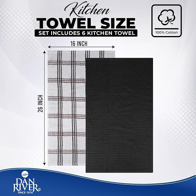 DAN RIVER Premium Kitchen Towels - [Pack of 6] 100% Cotton (16 x 26 Inches) -Super Soft,Highly Absorbent, Quick Dry, Dish Towels for Kitchen Towels -Black