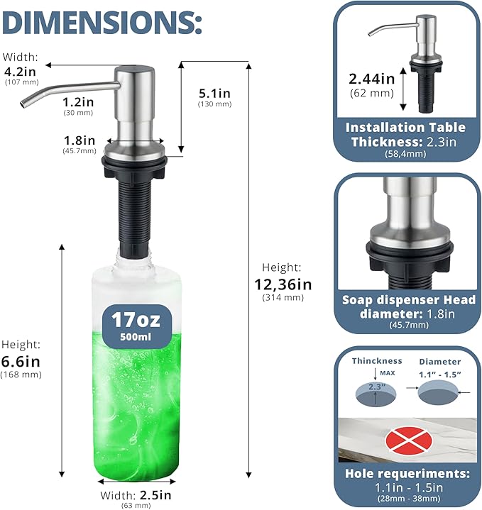 SBEN Built in Kitchen Soap Dispenser Set (Large 17oz Refillable Bottle Included) - Stainless Steel Soap Dispenser, Brushed Nickel for Corrosion-Resistant -ABS Pump Head, 360° Rotation