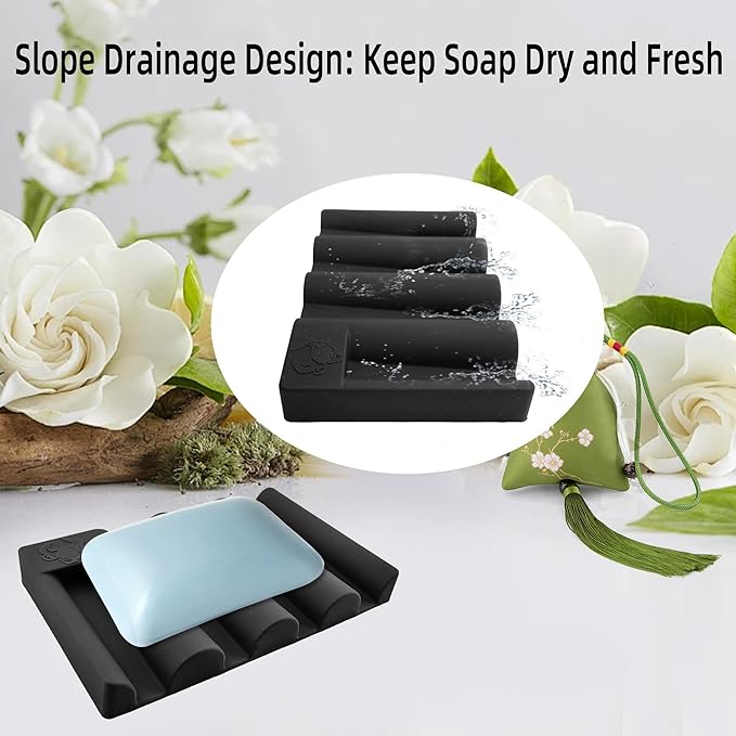 Silicone Soap Dish,Self Draining Soap Holder Perfect for Shower,Bathroom Sink,Kitchen Sink & Travel,Non-Slip Bar Soap Holder Extend Soap Life,Keep Soap Bars Dry & Easy Cleaning (White+Black)-2Pcs