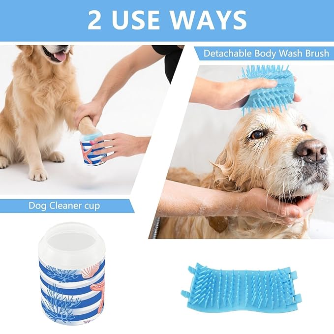 Dog Paw Cleaner Cups for Dogs Pets Foot Washer Paw Scrubber for Medium Small Dogs Cats Cleaning Cup Blue Stripes Starfish Seashells Corals