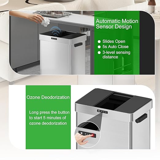 19 Gal Kitchen Automatic Motion Sensor Trash Can with 2 Recycling Dustbin(13.2 Gal+5.8 Gal),Ozone Odor Control Stainless Steel Garbage Can with Slide-Open Lid