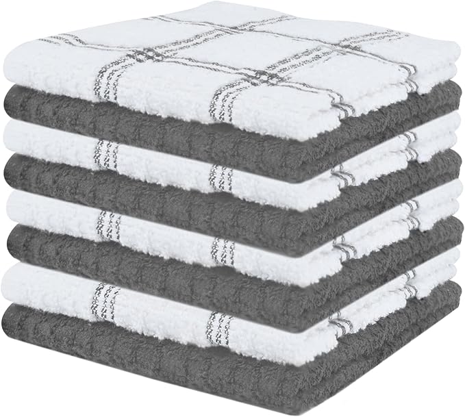 DAN RIVER Premium Dish Cloth 100% Cotton 12 X 12 Inches |Pack of 8|-Ultra Soft Tea Towels-Highly Absorbent Kitchen Rags-Terry Dishcloth for Kitchen and Household Cleaning |Grey|