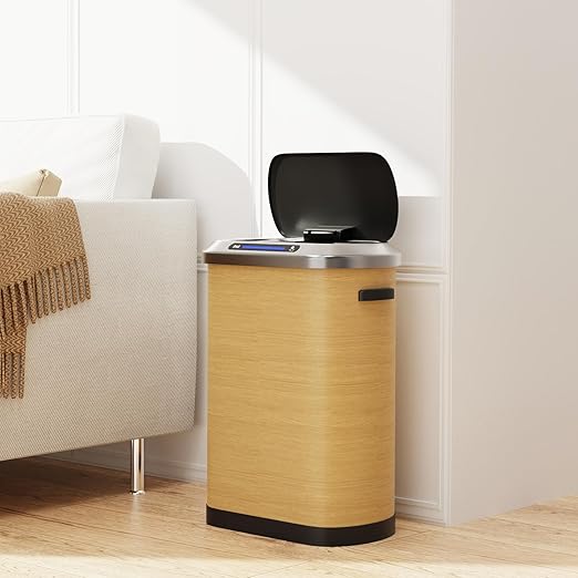 pouseayar Wood Color 13 Gallon 50L Smart Automatic Trash Cans, Stainless-Steel Thickened Body with Super Mute Sensor Lid and 30 Count Garbage Bags for Kitchen Office Bedroom Waste Bin and More
