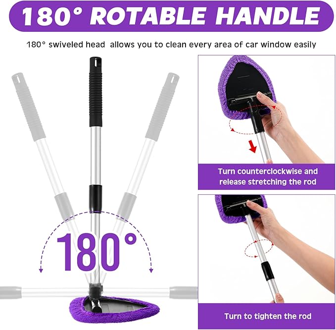 8 Pcs Car Windshield Cleaner Tool Kit with Extendable Handle, Microfiber Towel Pads, Brush, Empty Spray Bottle for Auto Glass Wiper Suvs Rvs & Home Windows(Purple)