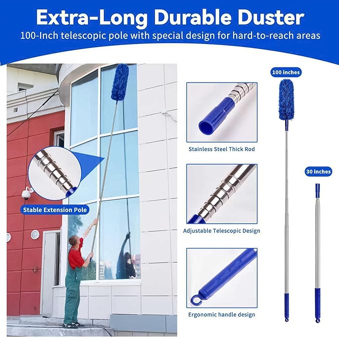 Duster 6-in-1 Kit, Duster with Extension Pole 100 Inches, Dusters for Cleaning, Cobweb Duster, Microfiber Feather Dusters for High Ceilings and Fans, Blinds, Cars and Furniture