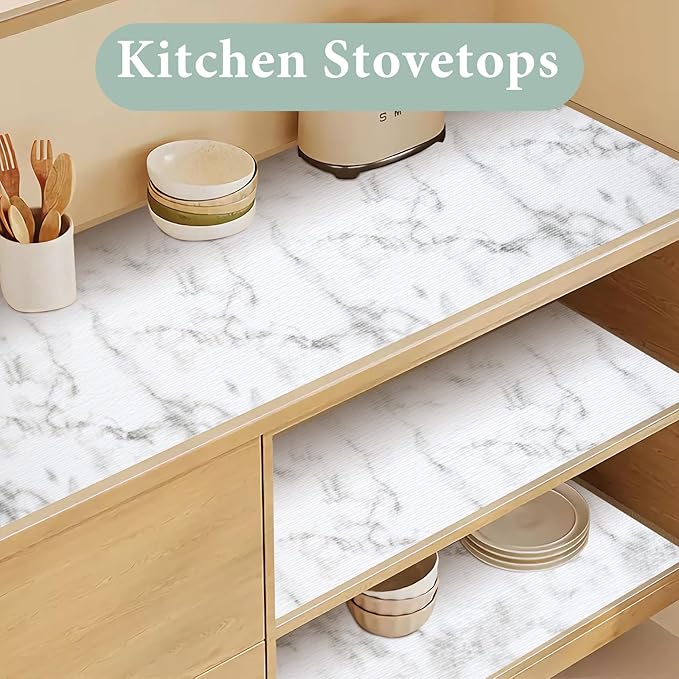 2-Layer Drawer and Shelf Liner for Kitchen Cabinet: 35.4 in X 39.5 Ft Non Slip Waterproof Shelf Paper Non Adhesive Refrigerator Liners White Marble Easy Liners for Bathroom with Knife Tape Measure