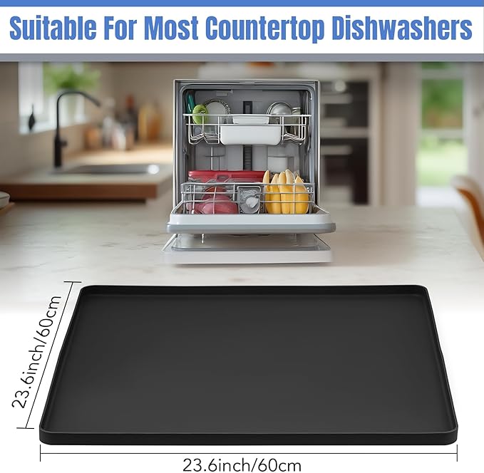 Dishwashers Drip Pan, Prevent Water Leakage and Protect Countertop & Floor, 23.6''x23.6'' Dishwasher Mat, Non-Slip & Leak-Proof Silicone Mat with 0.6'' Raised Edge, for Under Most Portable Dishwasher