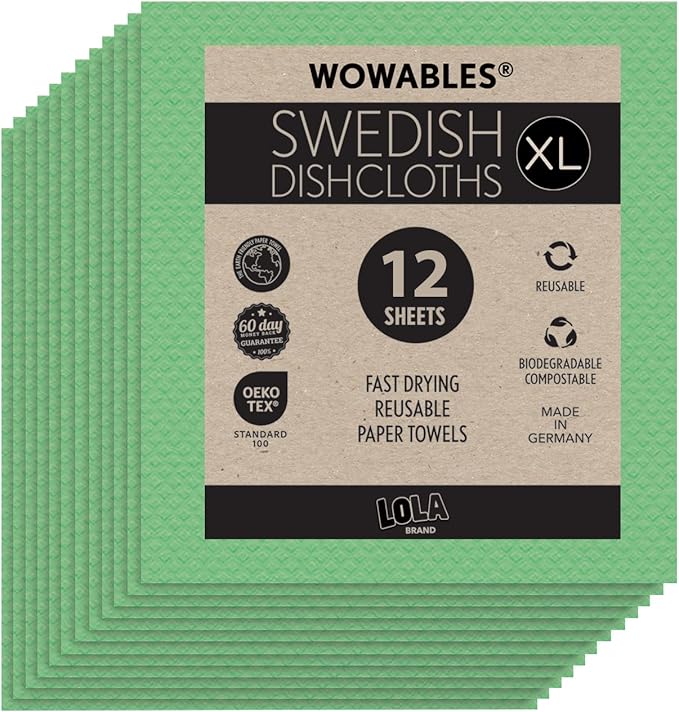 LOLA Swedish Dishcloths for Kitchen XL, 12 Sheet Roll, Biodegradable & Compostable, Reusable Paper Towel Cleaning Cloths, 11" x 10", No Odor, Washing Dishes, Ultra Absorbent Cellulose Sponge Towel
