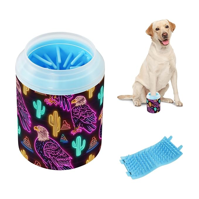 Dog Paw Cleaner Cups for Dogs Pet Foot Washer Paw Scrubber for Small Medium Large Dogs Cats Cleaning Cup Neon Eagles Cacti Pyramids