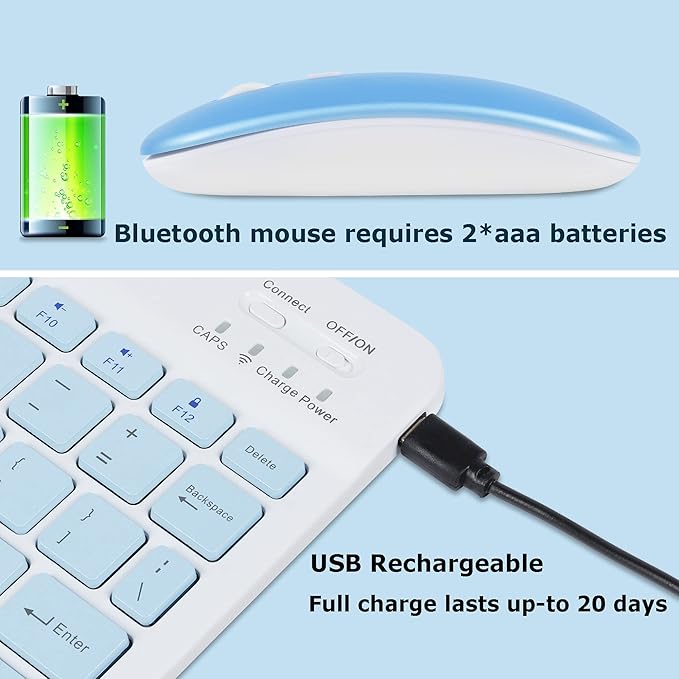 Bluetooth Wireless Keyboard and Mouse Combo,Ultra-Slim Ergonomic Small Rechargeable Bluetooth Keyboard Mouse Set for Apple iPad iPhone Samsung Tablet Phone Android PC Computer Mac Smartphone(Blue)