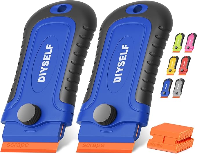 DIYSELF 2 Pcs Plastic Razor Blade Scraper with 10 Pcs Blades, Plastic Scraper Tool for Adhesive Remover, Scrapers for Cleaning Stickers, Decals, Glass, Windows, Car, No Scratches (Blue)