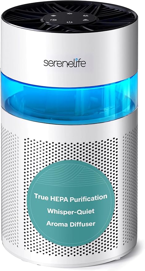 SereneLife Portable Air Purifier | Small Air Purifier For Home, Allergies, Pet Hair & Bedrooms | Filter Change Reminder & Aroma Box | Filtration Removes Dust, & Smoke Odor | Timer & Sleep Mode | White