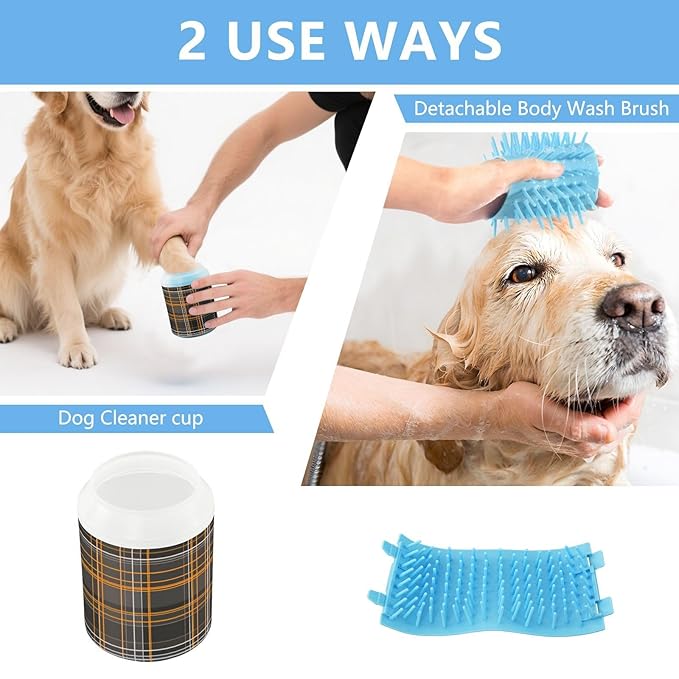 Dog Paw Cleaner Cups for Dogs Pet Foot Washer Paw Scrubber for Small Medium Large Dogs Cats Cleaning Cup Gray Orange Checkered Pattern