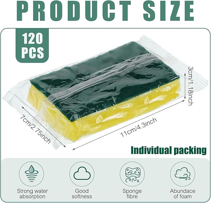 Tanlade 120 Pcs Individually Wrapped Sponge Dishwashing Sponge Bulk Non Scratch Scrub Sponges Kitchen Scouring Pad for Household Cleaning Rental Dishes Hotel Apartment Car (Yellow,Green)