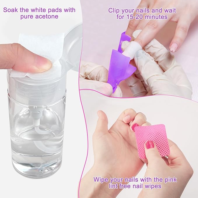 Eyxformula Gel Polish Remover Kit - 10 Toenail Clips, 10 Finger Nail Soak Off Clips, 400 Lint Free Wipes, 2 Nail Files, 120 Ml Push Down Pump Dispenser Bottle, Cuticle Pusher & Peeler, Cleaning Brush