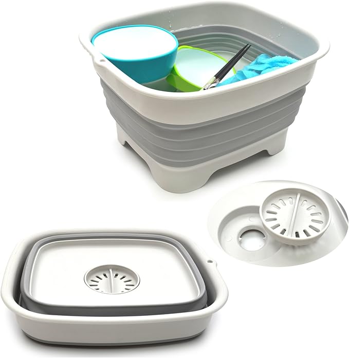SAMMART 9.1L (2.4Gallon) Collapsible Dishpan with Draining Plug - Foldable Indoor Outdoor Washing Basin - Portable Dish Washing Tub - Space Saving Kitchen Storage Tray (1, Grey)