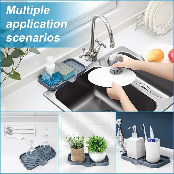 SUBEKYU Silicone Kitchen Soap Tray, Sink Tray for Kitchen Counter/Soap Bottles, Sponge Holder and Organizer with Drain Spout, Dark Grey, [Size: 9.5 x 5 inch]