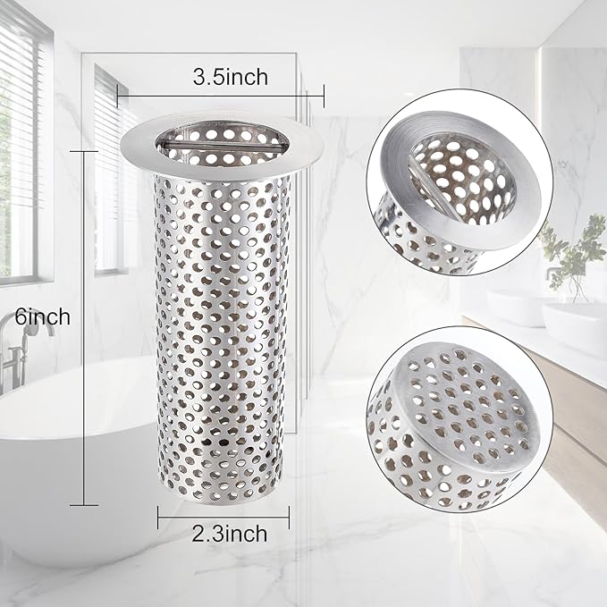 3" Commercial Floor Drain Strainer, 6'' High, Thick Perforated 316 Stainless Steel and Finely Polished Drain Basket for Restaurant/Factory/Kitchen