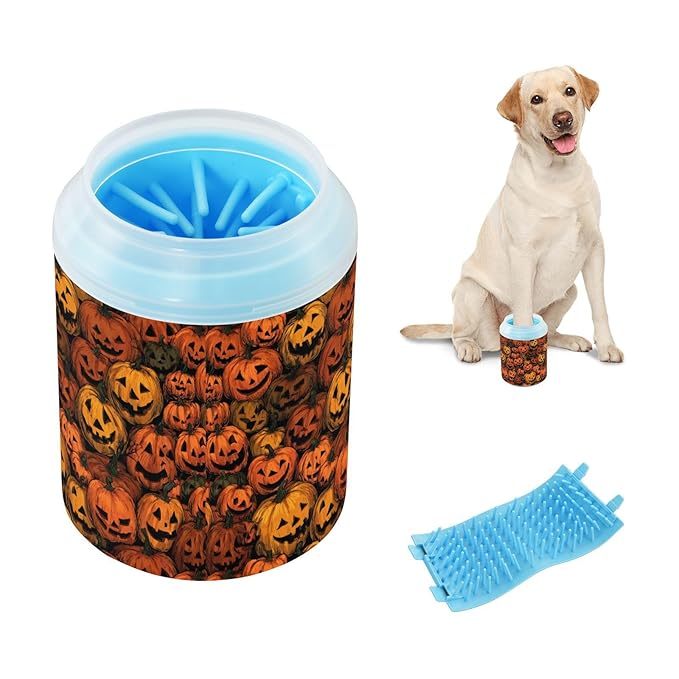 Dog Paw Cleaner Cups for Dogs Pets Foot Washer Paw Scrubber for Medium Small Cats Dogs Cute Cleaning Cup Cartoon Orange Halloween Pumpkin Lanterns
