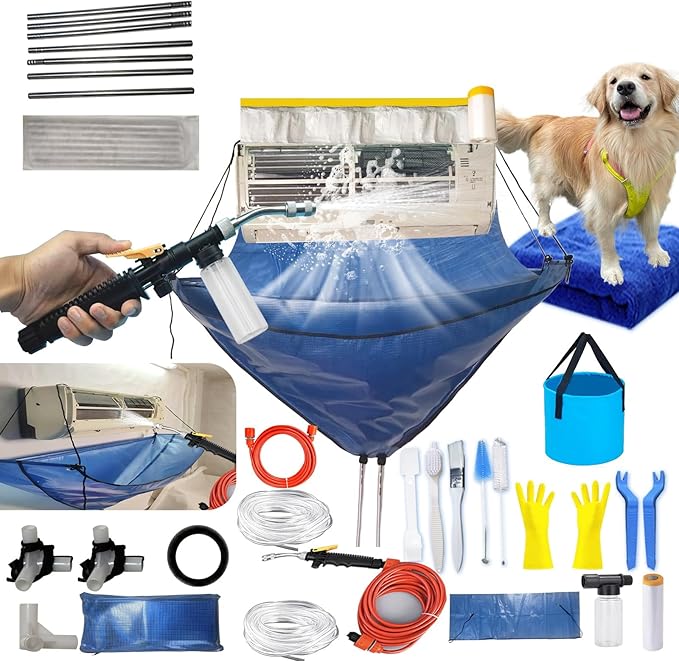 Mini Split Cleaning Bag Kit with Double Hose Drain, Double Bracket,Uniquely Designed Mini Split-Type Cleaning System Bag(31PCS,Large,Blue)