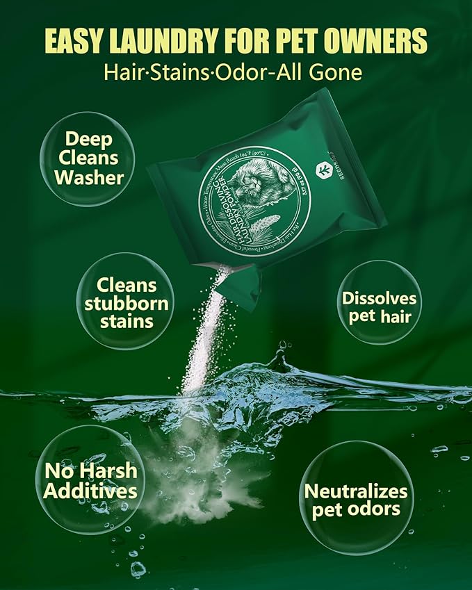 Pet Hair Remover for Laundry - Dissolves 96.7% Dog & Cat Hair, Detergent and Stain Remover for Clothes (2 Sachets), Septic Safe
