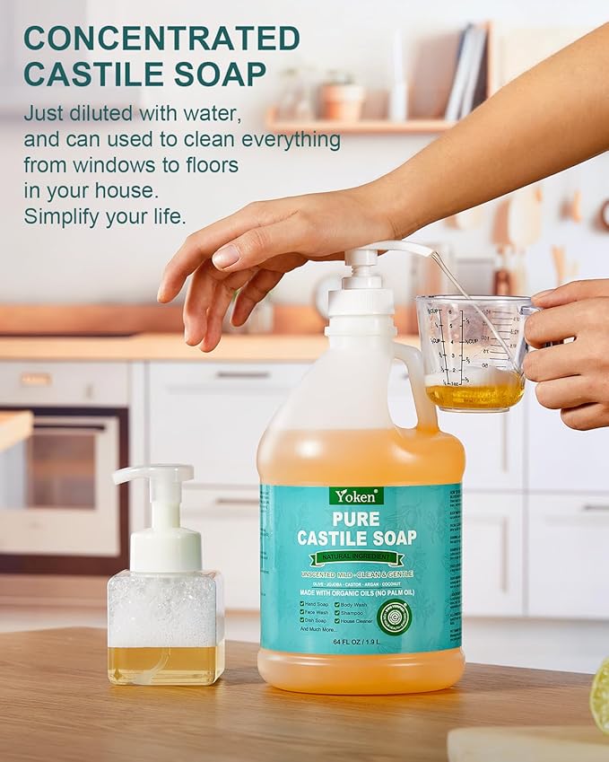 EWG Verified Organic Castile Soap Liquid (Unscented, 64 oz) Pure Castile Liquid Soap Made With Organic Oil, Clean & Gentle, Natural Castor Oil Soaps for Body & Face Wash, Hands, Dishes, Laundry