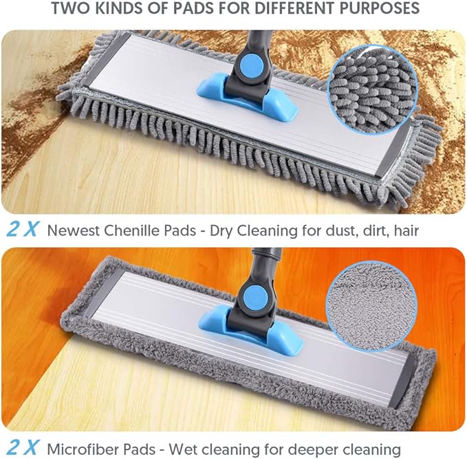 MANGOTIME Microfiber Dust Mop for Hardwood Floors - Dry Floor Cleaning for Wood, Tile, Vinyl, Laminate - Wet Flat Mop With 4 Washable Reusable Pads and Aluminum Head